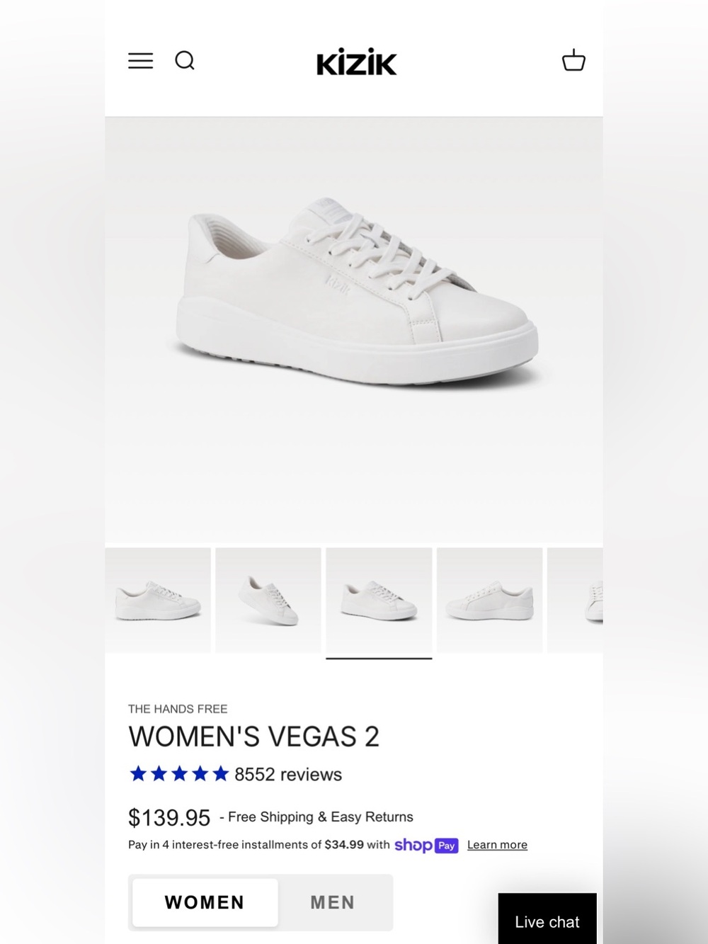 Kizik Women's Vegas 2 Bright White Leather Athletic Sneakers Size 8.5